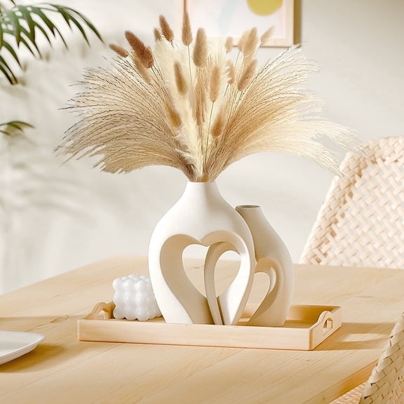 White Ceramic Heart Shaped Vase Set of 2, Boho Minimalist Decorative Tabletop Vases for Coffee Table Centerpiece, Living Room, Dining Room, Wedding, Office, Home Decor