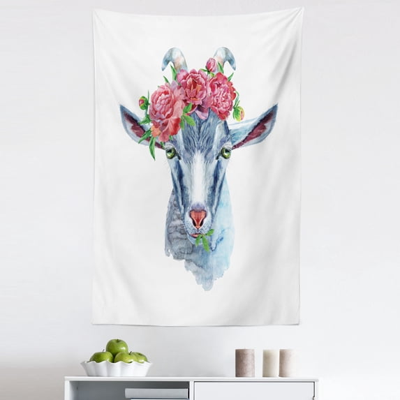 Watercolor Tapestry, Goat Portrait with Floral Wreath Details Composed on a Plain Background Print, Fabric Wall Hanging Decor for Bedroom Living Room Dorm, 5 Sizes, Multicolor, by Ambesonne