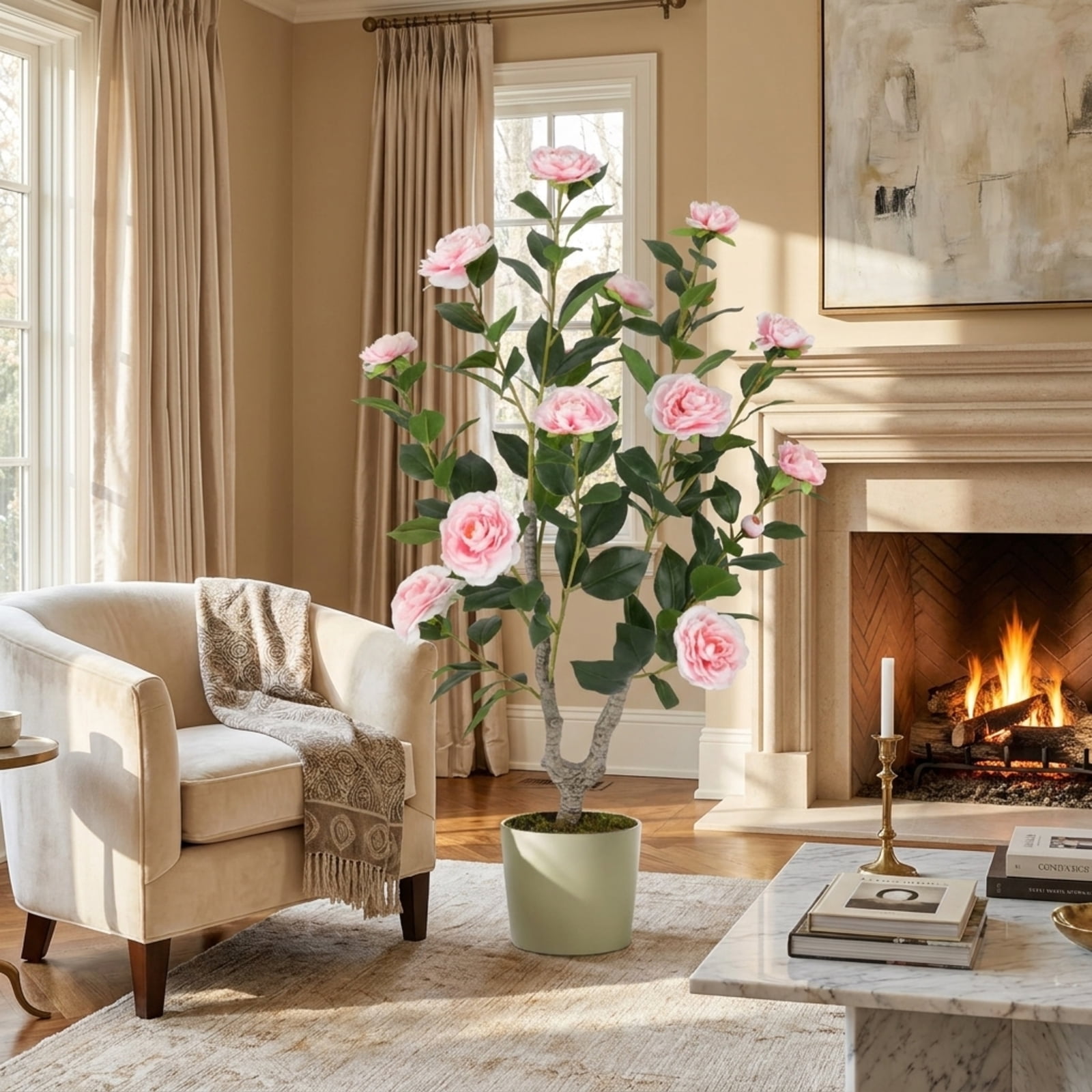 SUGIFT 36 Inch Artificial Camellia Tree with Blooming Flower, 2 Pack Faux Pink Flower Plant in Pot for Living Room Bedroom Decor, Pink + Green,