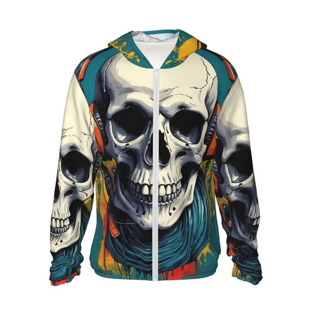 Fotbe Modern Hip-Hop Skull Chaqueta con Protección Solar UPF 50+ para Hombre y Mujer, Camisa con Capucha y Bolsillos-X-Large