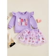 thumbnail image 4 of Toddler Kids Little Girl Birthday Outfit 12 18 24 Months 2T 3T 4T 5T 6T Flying Sleeve Letter Embroidery Sweatshirt with Heart Pattern Tulle A-Line Skirt, 4 of 9