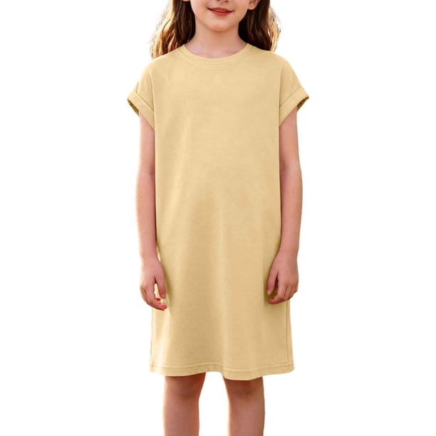 Vestido de Primavera de Niña Vestidos Sueltos Casuales con Bolsillos para 5-14 Años Vestido de Verano de Manga Corta Estirable Suave Y Cómodo para las Vacaciones Escolares
