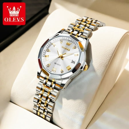OLEVS Watches for Women Luxury Casual Dress Analog Quartz Digital Date Two Tone Gold Plated Stainless Steel Waterproof Luminous Female Wrist Watch Reloj para Mujer