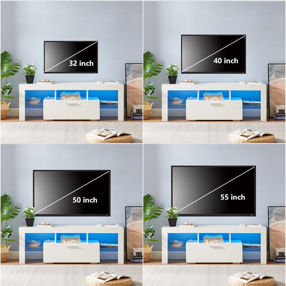 PAPROOS TV Stand for TVs up to 55", High Gloss TV Cabinet with LED Light, Modern TV Console Table with Storage Drawers, Media Television Stand Entertainment Center, White