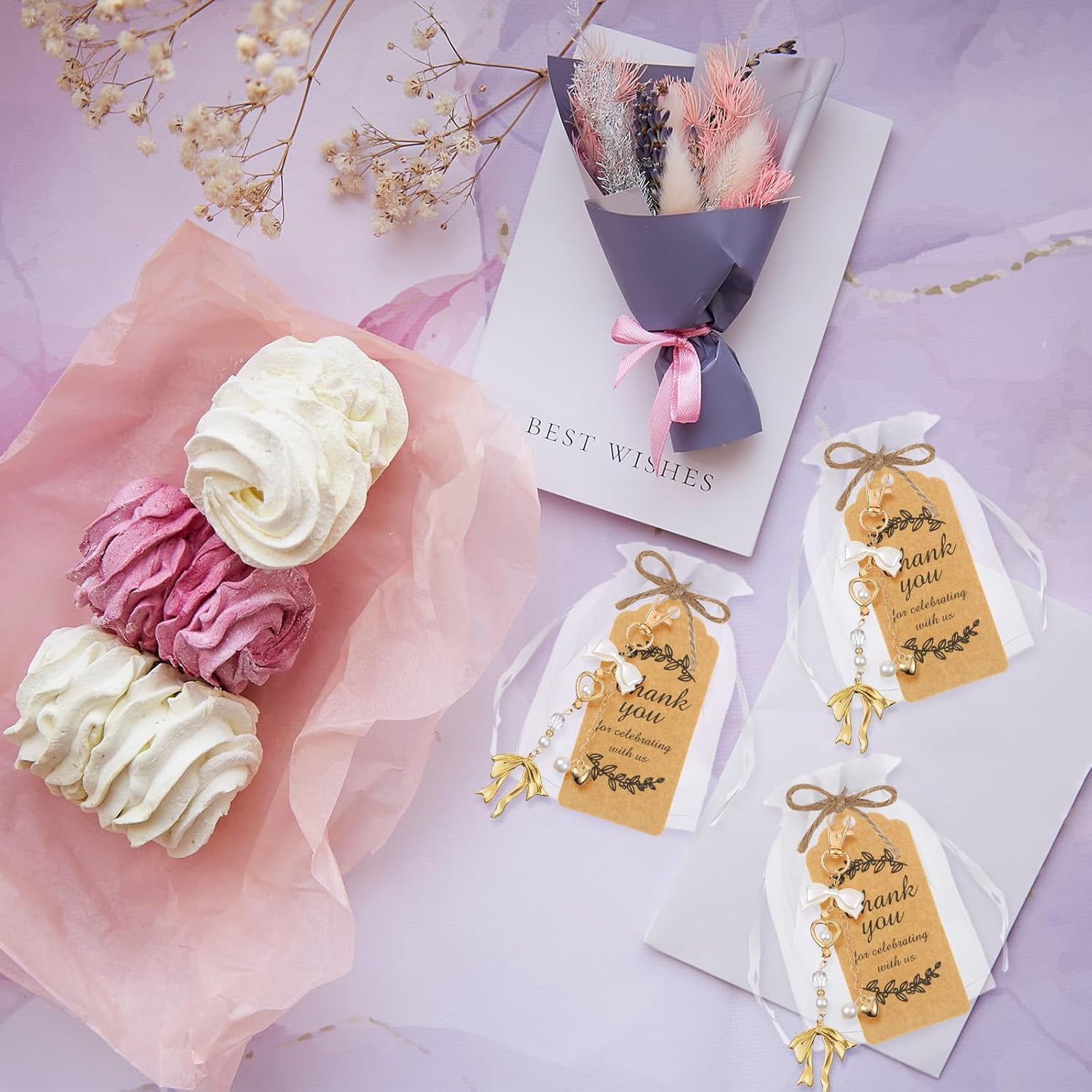 20 Set Pearl Bow Keychain Party Favor Bulk Mother's Day Keyring Charm Accessories Present Kraft Tag Organza Bag for Guest Baptism Bridal Shower Graduation Wedding Party Gift(Gold, Novel Bow)