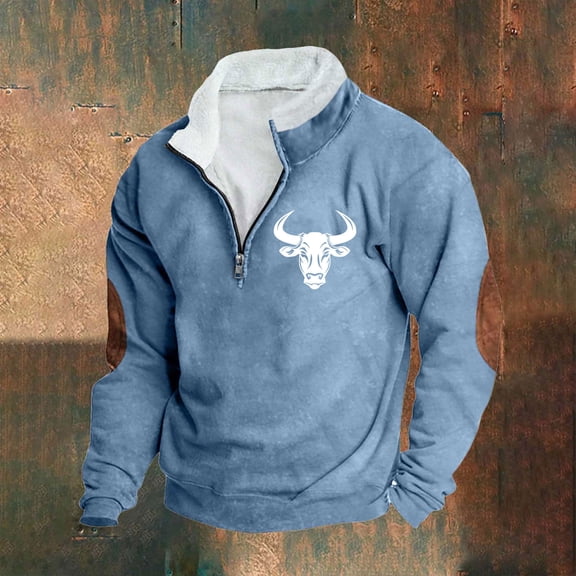 PNTUTB Mens Quarter Zip Fleece Stand-up Collar Pullover Retro Bullhead Print Casual Long Sleeve Comfort Sweatshirt