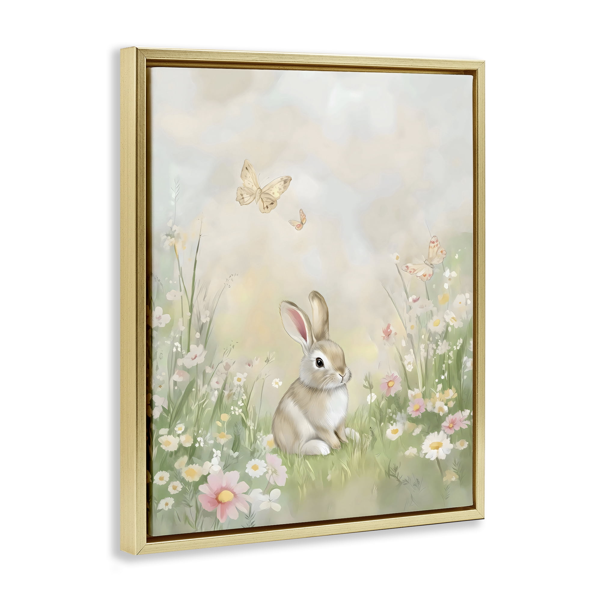 Stupell Industries Nursery Bunny in Meadow Gold Framed Floater Canvas Wall Art, design by Arlington Prints