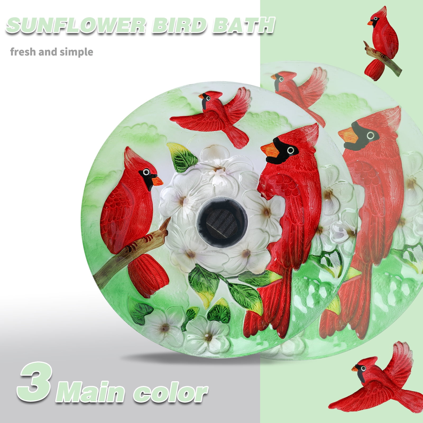 Outdoor Bird Bath, Solar Bird Bath, Red Bird Pattern, with Metal Stand, Attracts Birds,for Garden,Lawns,Patio