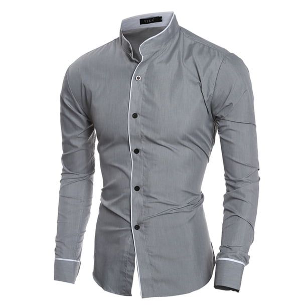 Playeras Camiseta informal a la moda para hombre, camiseta sencilla y cómoda de Color sólido con cuello y botones, camiseta de manga larga (Grey, L)
