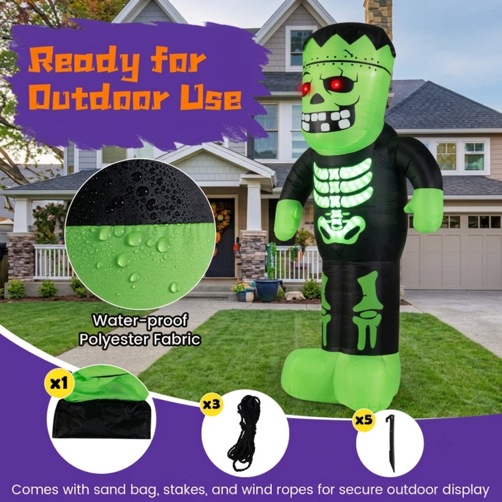 RUIE 8.4 FT Halloween Inflatable Frankenstein, Blow Up LED Lighted Frankenstein Yard Decoration with Stakes for Outdoor Lawn Garden Party