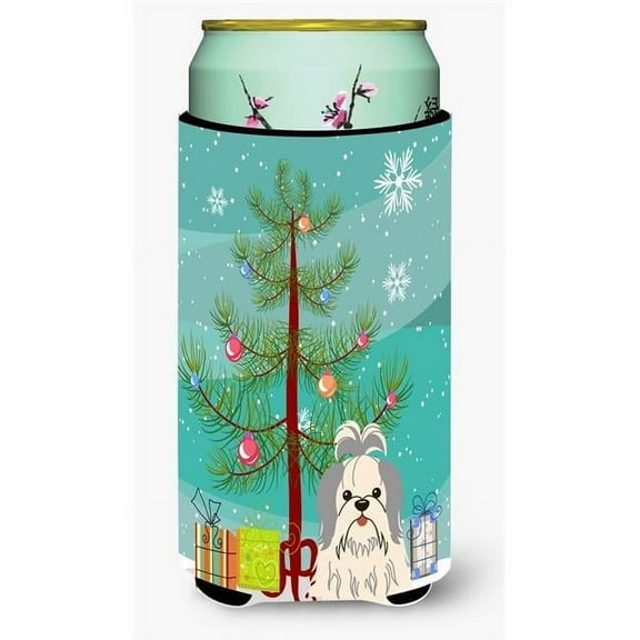 Carolines Treasures  Merry Christmas Tree Shih Tzu Silver & White Tall Boy Beverage Insulator Hugger