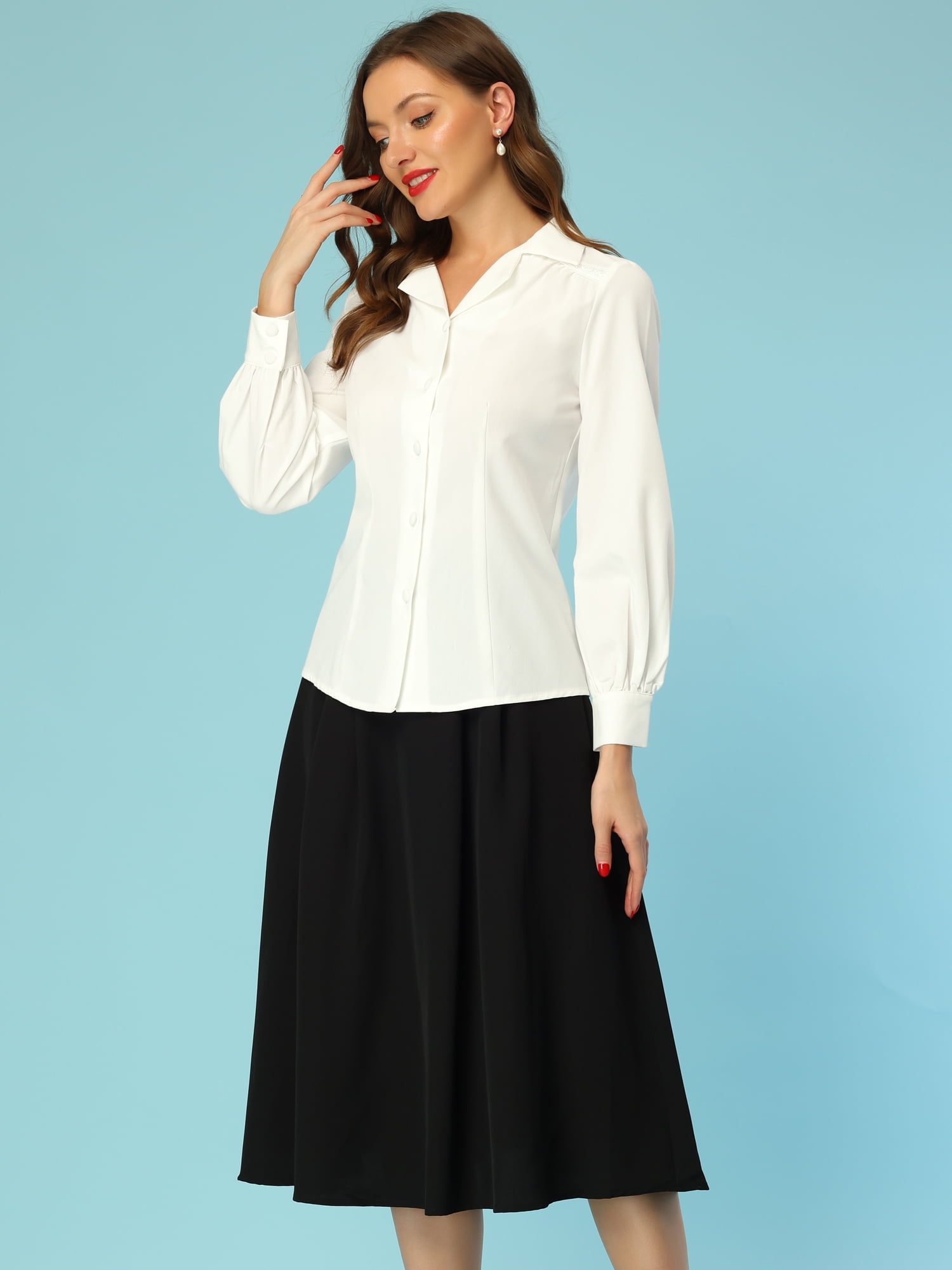 DARING DIVA Women's Button Down Shirt Vintage Collared Work Blouse L White