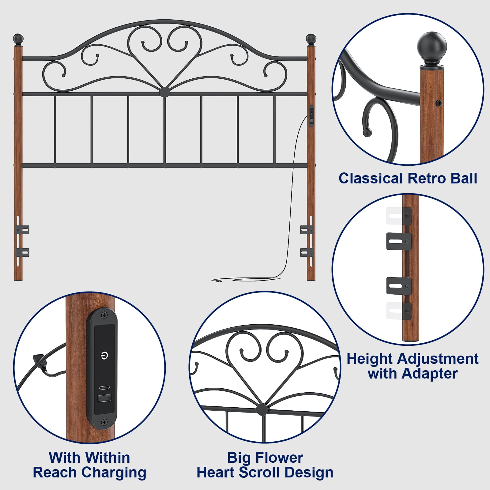 Yoneston Vintage Metal Queen Headboard with Charging and 3-Level Height Adjustment for Queen Adult Bed, Black