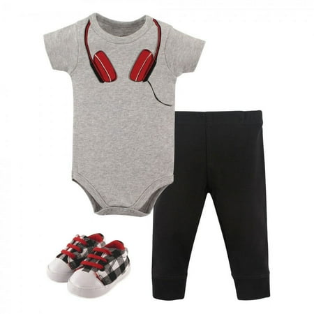UPC: 0660168710670 | Little Treasure Baby Boy Cotton Bodysuit  Pant and Shoe 3pc Set  Headphones  0-3 Months