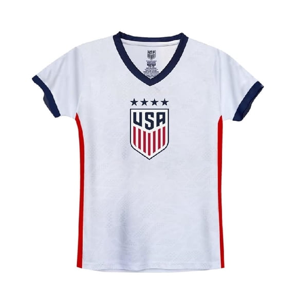 U.S. Soccer USWNT National Team 4 Star Champion Soccer Game Day Youth Poly Shirt, White/Red - YXS