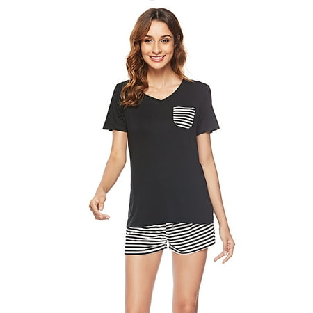 Striped Womens Pajamas - Women 2 Piece Pajamas Sets V Neck Tops and Striped Pants Cotton Nighty Loungewear short sleeve Sets