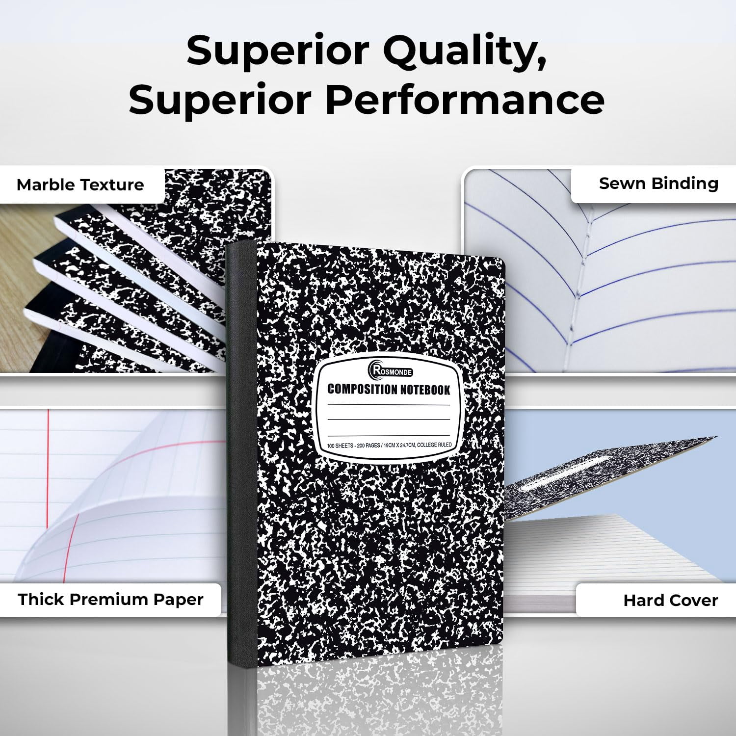 Rosmonde Composition Notebooks Bulk, 50 Pack, College Ruled, 200 Pages (100 Sheets), 9.75 x 7.5 in, Hard Cover Black Marble, Bulk Notebooks for School, College & Office Use