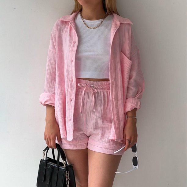 MKLEKYY Conjunto De Camiseta De Manga Larga Lisa Para Mujer, Pantalones Cortos Con Cordón Y Cintura Alta, Informal, Sin Mangas