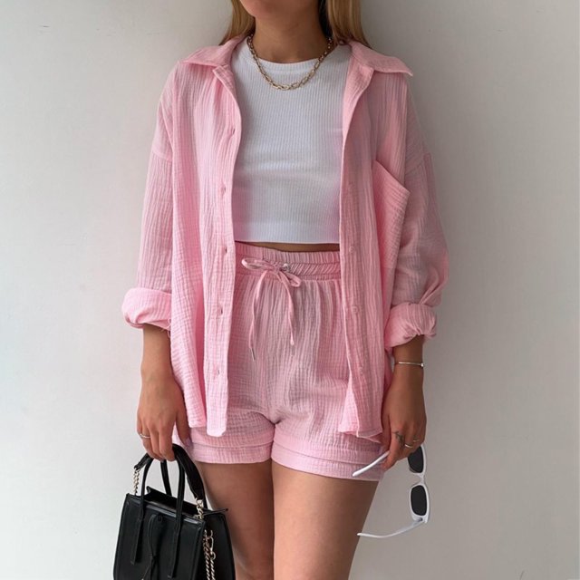 MKLEKYY Conjunto De Camiseta De Manga Larga Lisa Para Mujer, Pantalones Cortos Con Cordón Y Cintura Alta, Informal, Sin Mangas