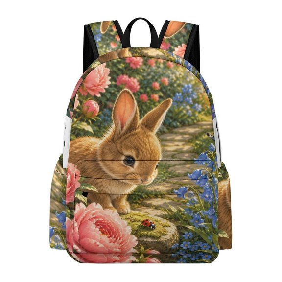 Patifu Rabbit In Peony Flower Path Printed Oxford Backpack, Large Capacity Laptop Backpack, Water Resistant, Travel Daypack for College Work Commuting Adults,