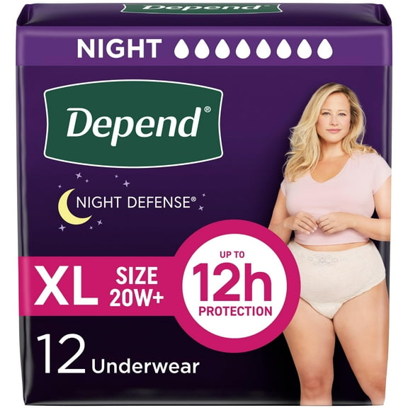 Depend Night Defense Adult Diapers, Incontinence & Postpartum Bladder Leak Underwear for Women, Disposable, Overnight, Extra-Large, Blush, 12 Count, Packaging May Vary