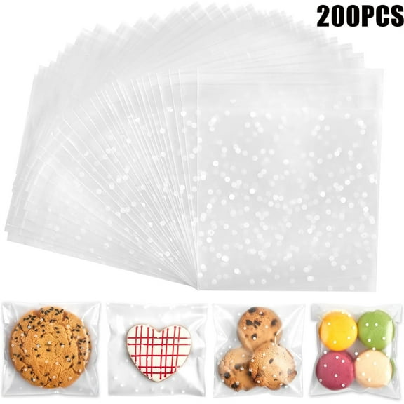 QZS 200 Pcs Cookie Bags, 2.2"x2.2" Self Adhesive Cookie Bags, Cellophane Treat Bags, Self Sealing Clear Plastic Bags, Polka Dot Party Favor Bag forGift Giving/Bakery/Candy/Chocolate