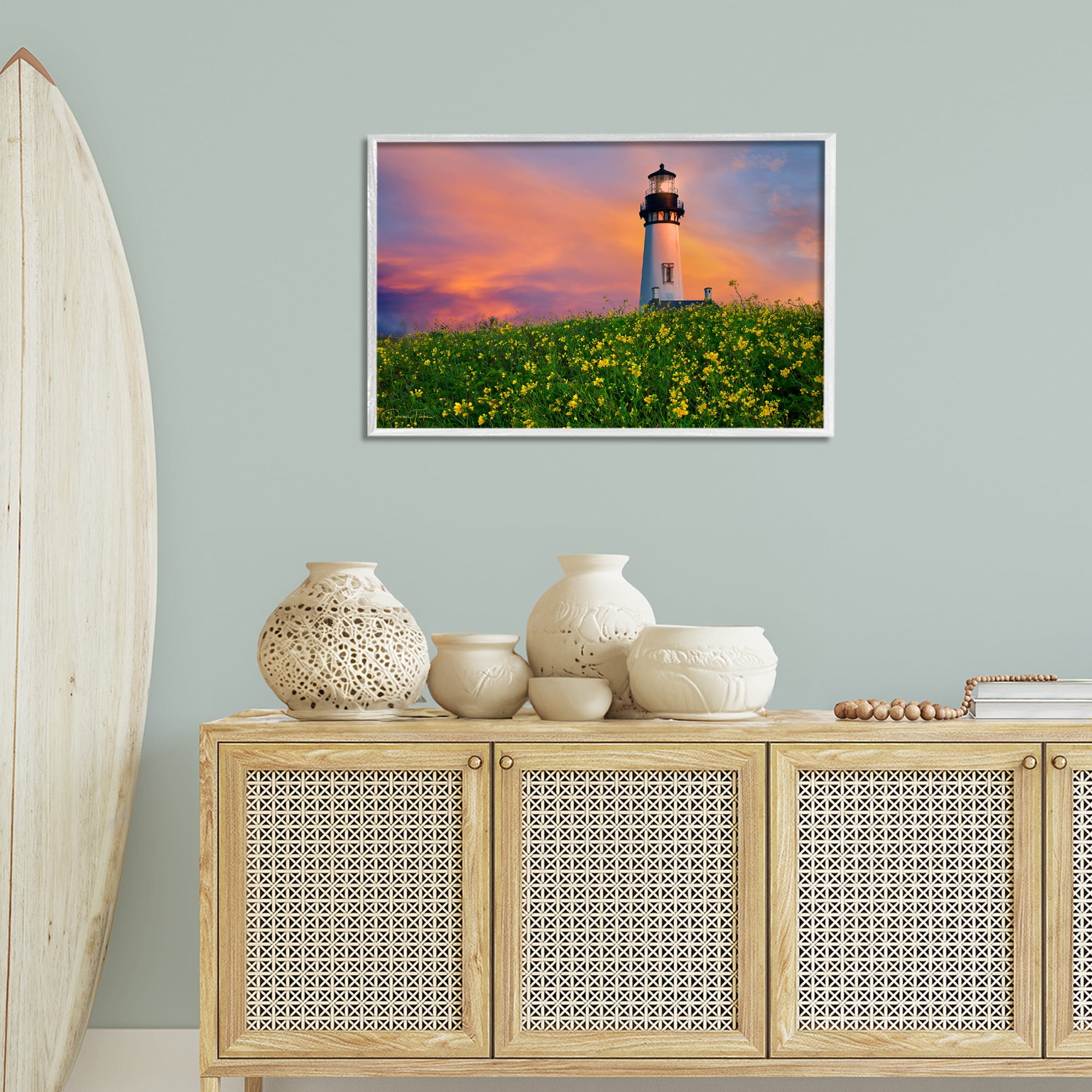 Stupell Industries Lighthouse & Floral Meadow Coastal Photography White Framed Art Print Wall Art, 30 x 20