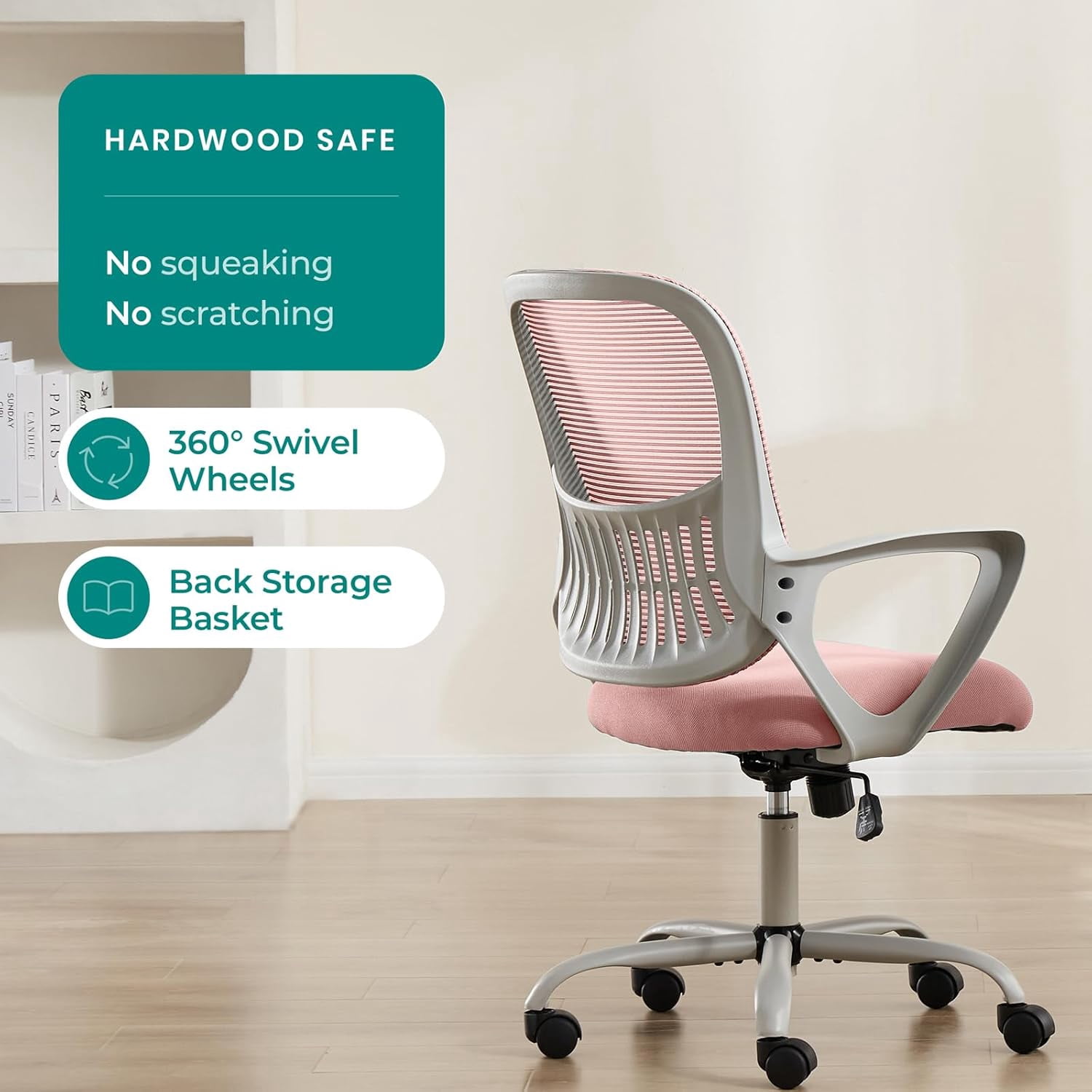 Ergonomic Mesh Office Chair with Lumbar Support - Adjustable Swivel Computer Chair, Pink