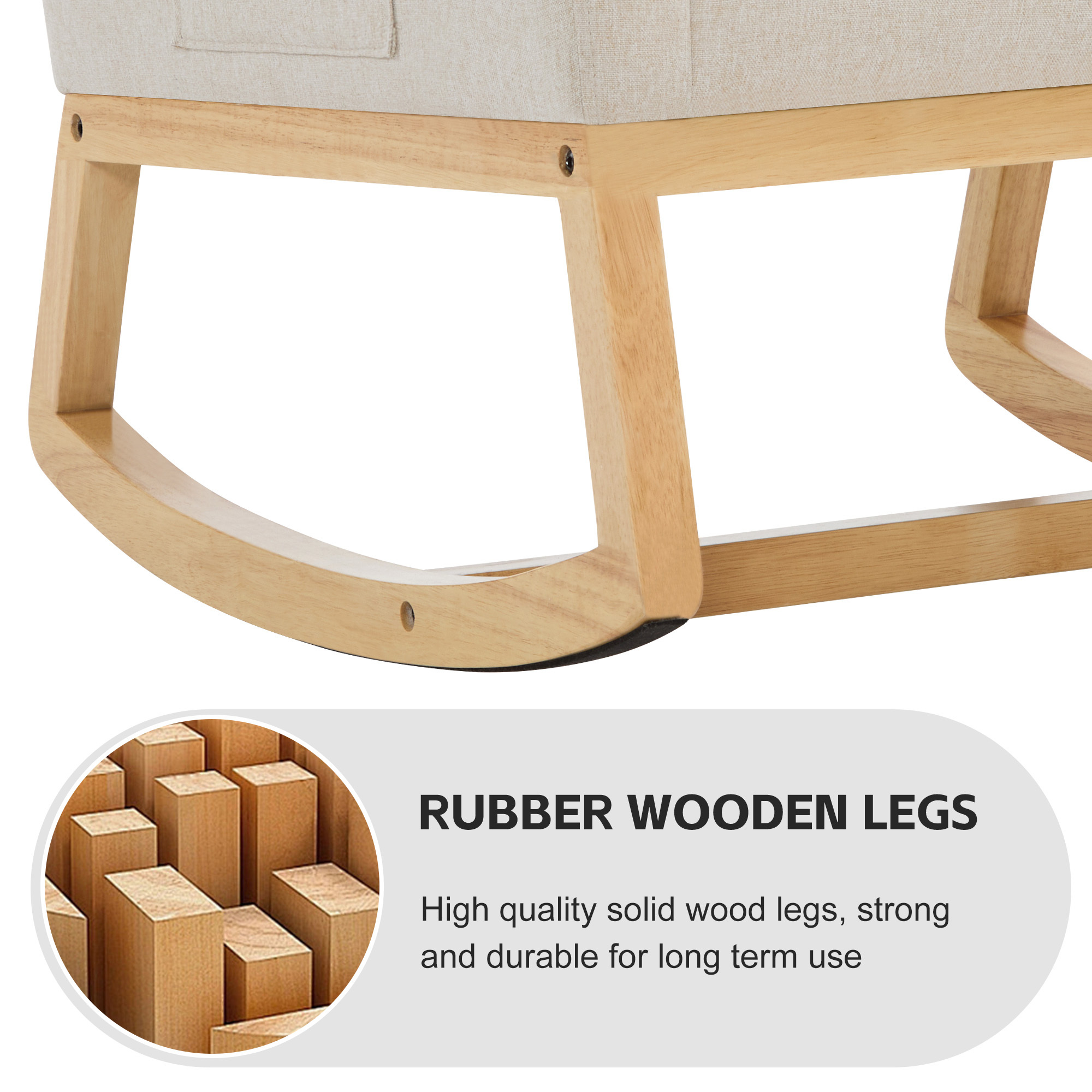 SAETSFEG Rocking Chair Nursery,Linen Upholstered Glider Rocker with Side Pocket and Wood Legs, Modern Accent Chair for Small Space, Living Room, Bedroom, Beige
