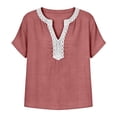 thumbnail image 7 of ClodeEU Women's Linen Blend V Neck Short Sleeve Top with Lace Trim ,Solid Color Casual Blouse Pink,Womens Plus S, 7 of 7
