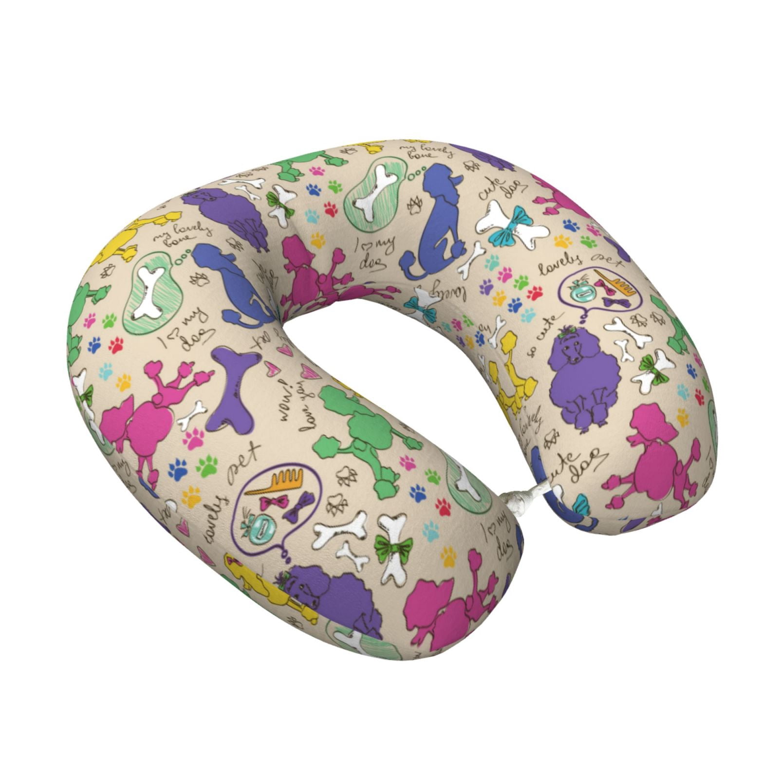 Xecao Colorful Poodle Dog Print Memory Foam Cervical Neck Pillow Versatile U-Shaped Pillows for Home,Office,Camping,Travelling,Soft Washable Cover
