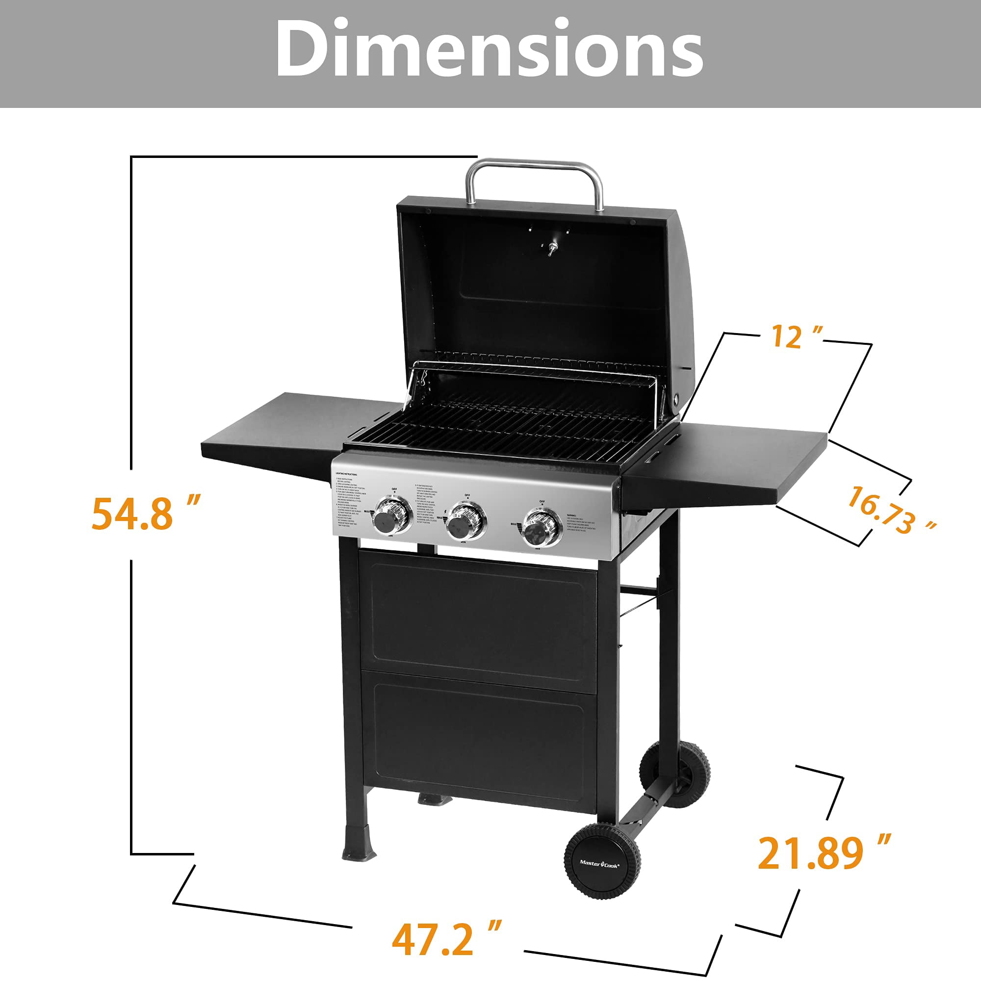 Master Cook 3-Burner Propane Gas Grill, 472 Sq In Cooking Area, 30,000 BTU Outdoor BBQ Grill for Patio, Backyard