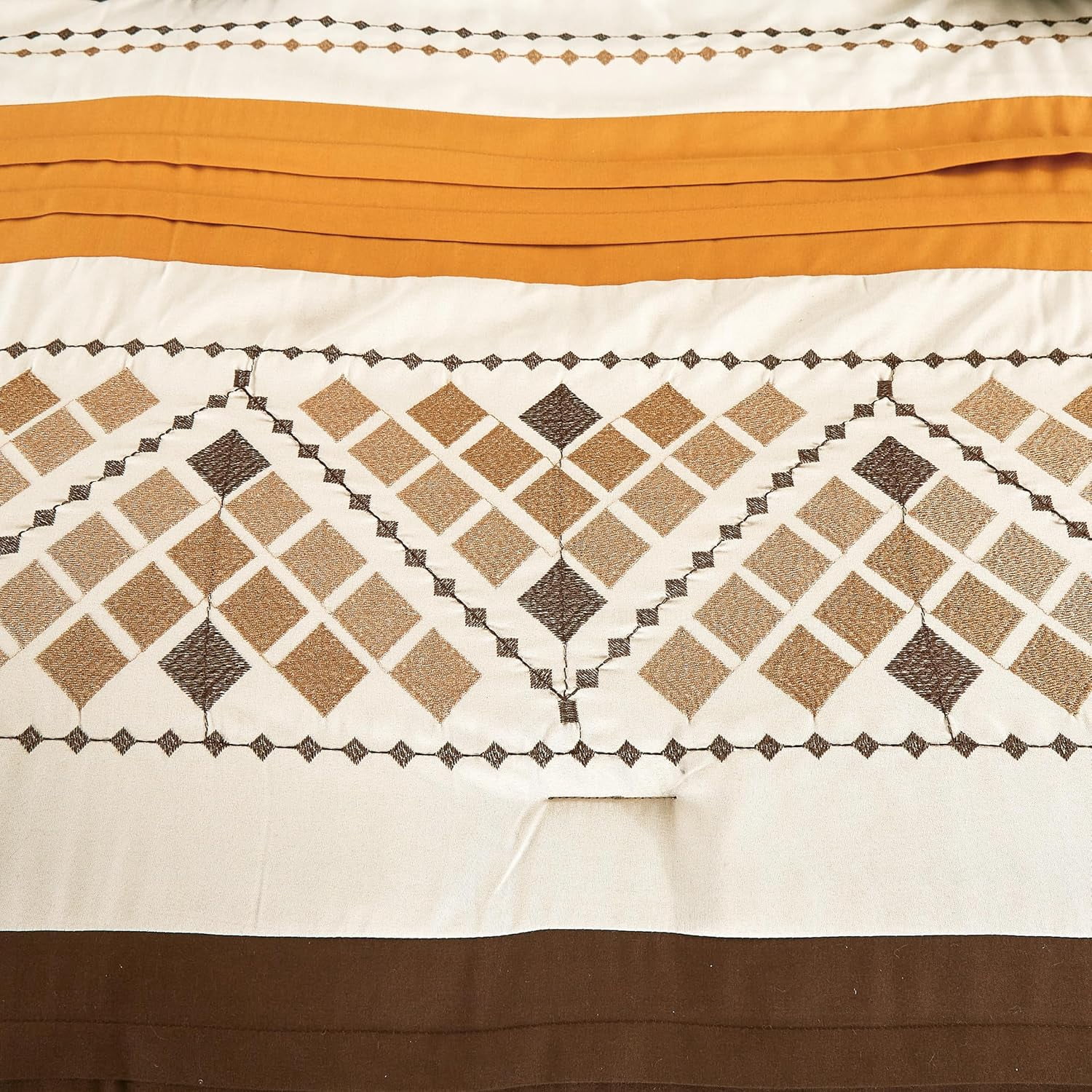 Chezmoi Collection Maple 7-Piece Orange Brown Geometric Embroidery Pleated Striped Comforter Bedding Set, King Size
