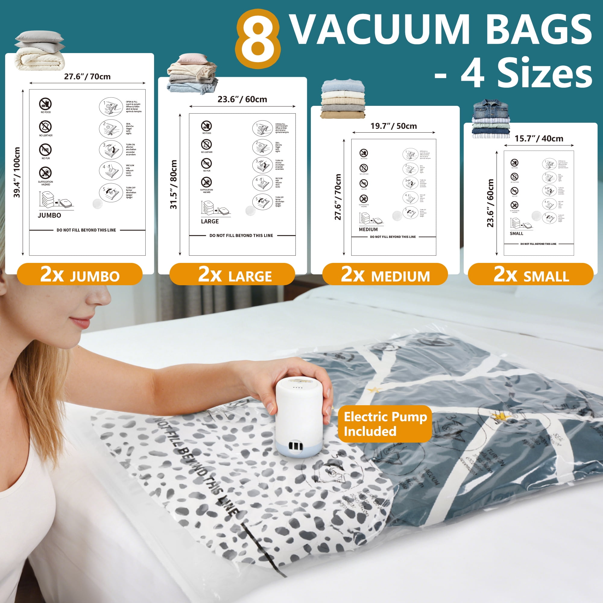 AGALI 8-Pack Vacuum Storage Bags with Electric Pump Included, Space Saver Compression Bags in Mixed Sizes for Clothes, Blankets, Bedding & Travel, Airtight, Waterproof Storage Organizer Set