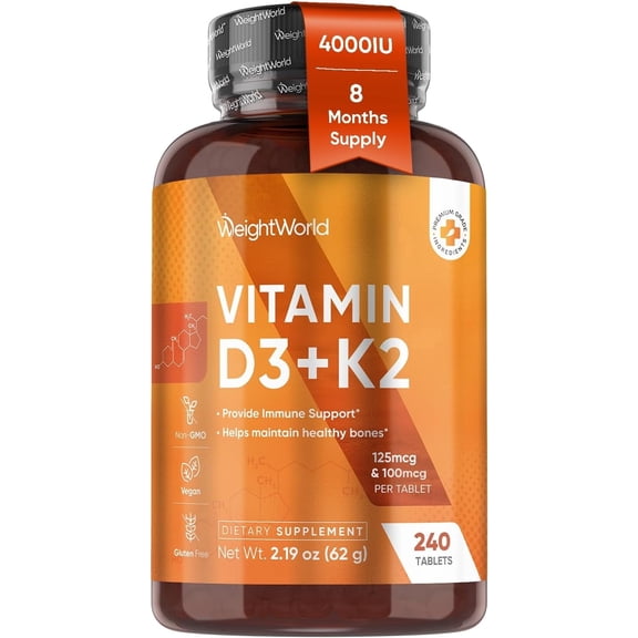 WeightWorld D3 Vitamin 4000 IU   K2 (MK-7) 125mcg - 240 Tablets | Bones, Muscle, Immune Support & Calcium Absorption | Plant-Based Vegan Vitamin D3 K2 | D3 and K2 Supplements, Gluten Free, Non-GMO