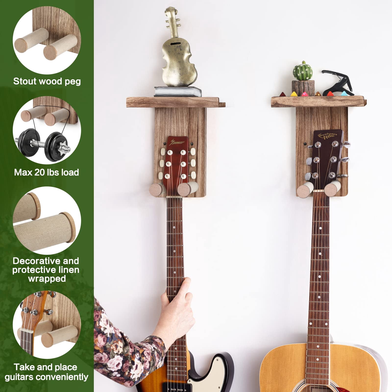 2 Pack Guitar Hanger Wall Shelf With Pick Holder Wood Rack For Acoustic  Electric Ukulele Bass Mandolin - Brown (patented)