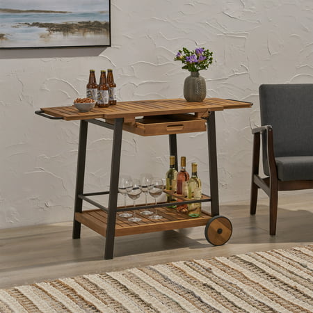 Michaela Indoor Acacia Wood Bar Cart with Reversible Drawers, Adjustable Tray Top and Wine Bottle Holders, Teak