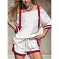 thumbnail image 6 of Women Color Block Off Shoulder Short Sleeve Top and Drawstring Shorts 2 Piece Outfit Set White S, 6 of 9