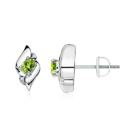 Oval Shell Earrings - August Birthstone Earrings - Oval Peridot and Diamond Shell Stud Earrings in 14K White Gold (4x3mm Peridot) - SE0121PD-WG-AAA-4x3