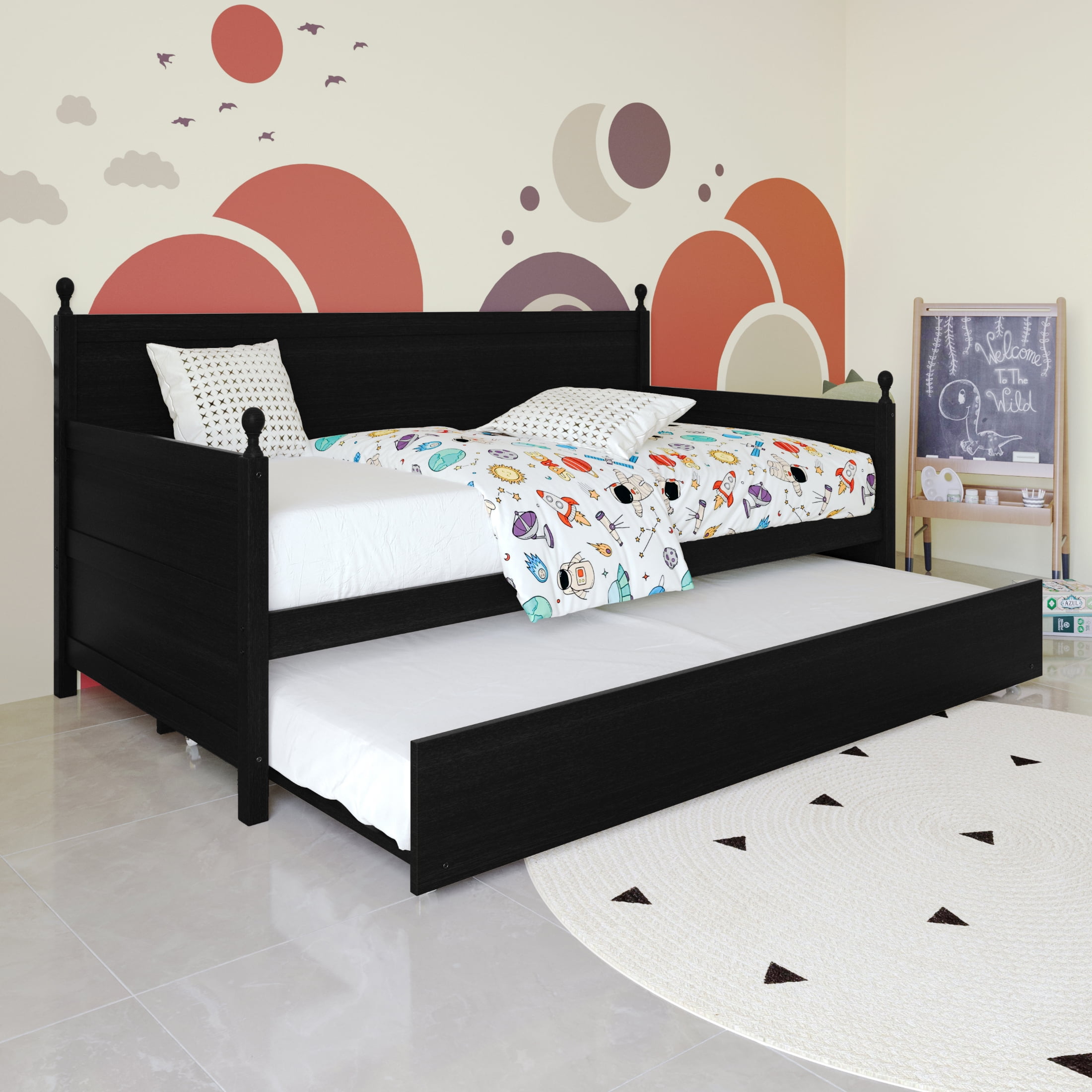 Castle Place Mid-Century Expandable Twin Size Wooden Daybed with Trundle, Black