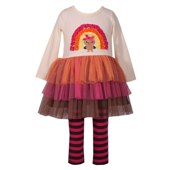 Toddler Girls Turkey Fall Holiday Tutu Dress Shirt  & Striped Legging Outfit 3T