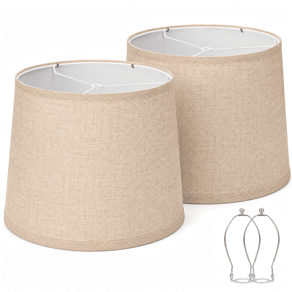 Lamp Shades Set of 2, Large Beige Drum Fabric Lampshades with Spider Fitter, Replacement Shades for Table and Floor Lamps, 11.6" Top x 12.6" Bottom x 9.8" Height