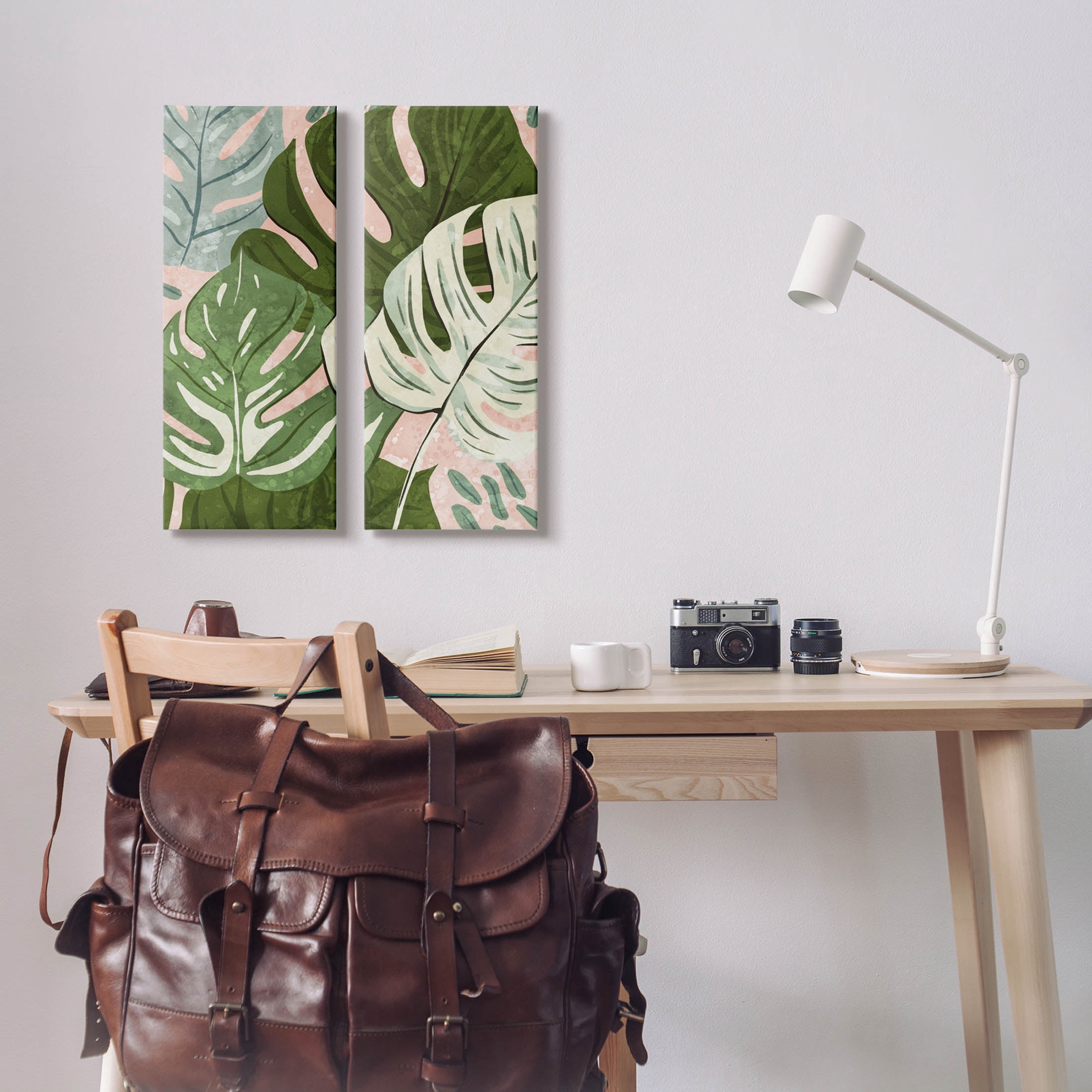 Modern Layered Monstera Leaves Botanical & Floral Graphic Art Gallery Wrapped Canvas Print Wall Art, Set of 2