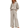 thumbnail image 3 of QETYUW Womens Cotton Linen 2 Piece Outfits Oversized Long Sleeve Button Down Shirt and Wide Leg Pants Outfit Solid Color Casual Comfy Suit, 3 of 10