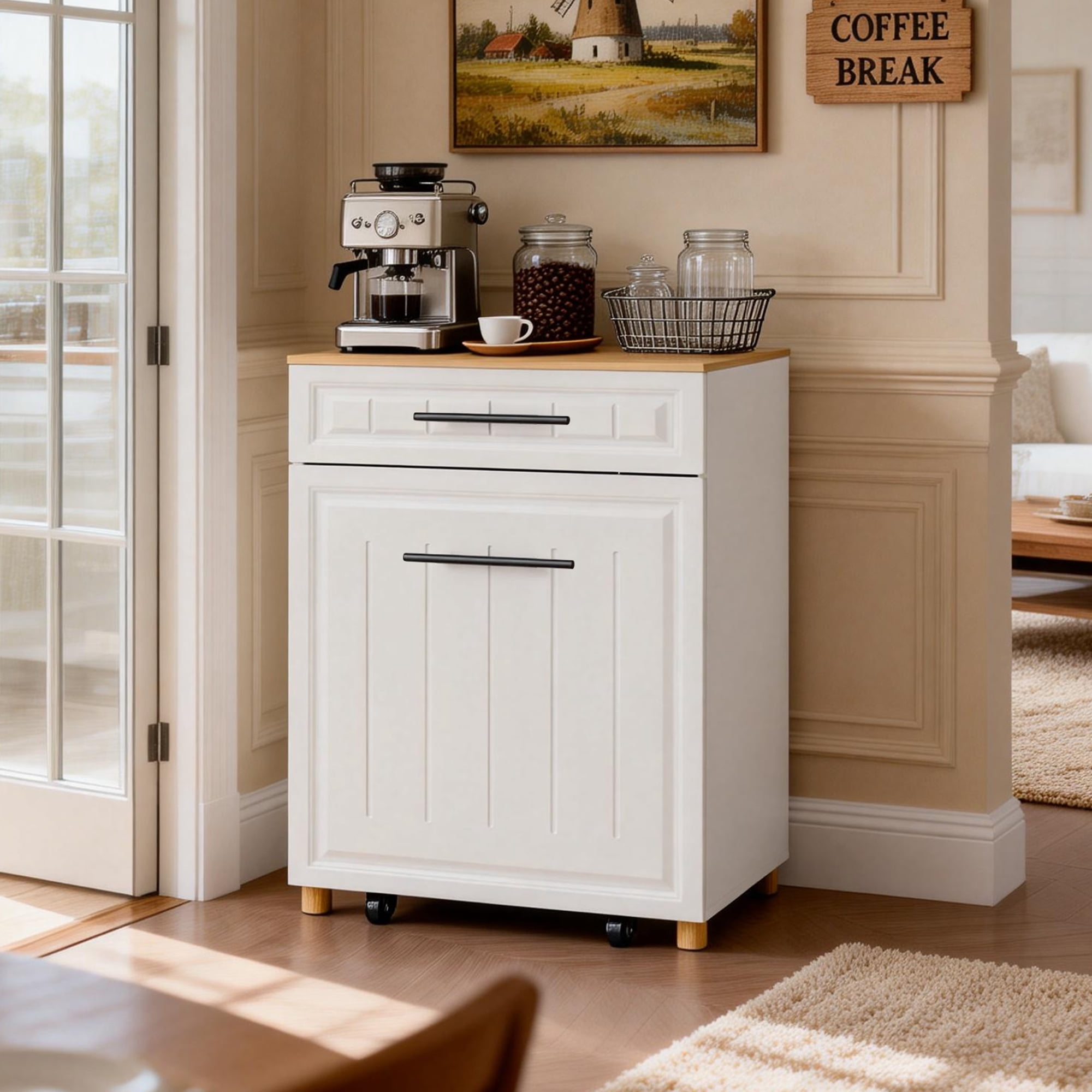 Double Pull Out Trash Can Cabinet for 2×10 Gallon Bins, Pet Proof Hidden Trash Bin Cabinet with Drawer, Freestanding Wooden Garbage Recycling & Laundry Hamper for Kitchen, Laundry, Living Room