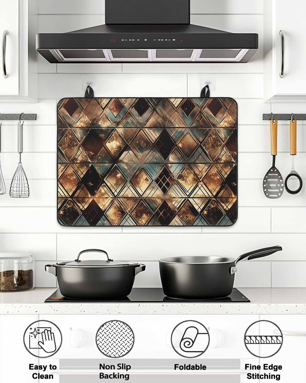 Stove Top Covers for Electric Stove, Brown Teal Geometric Glass Stovetop Cover Protector, Retro Modern Plaid Abstract Art Induction Cooktop Protector Oven Mat for Kitchen Countertop 24"x21"
