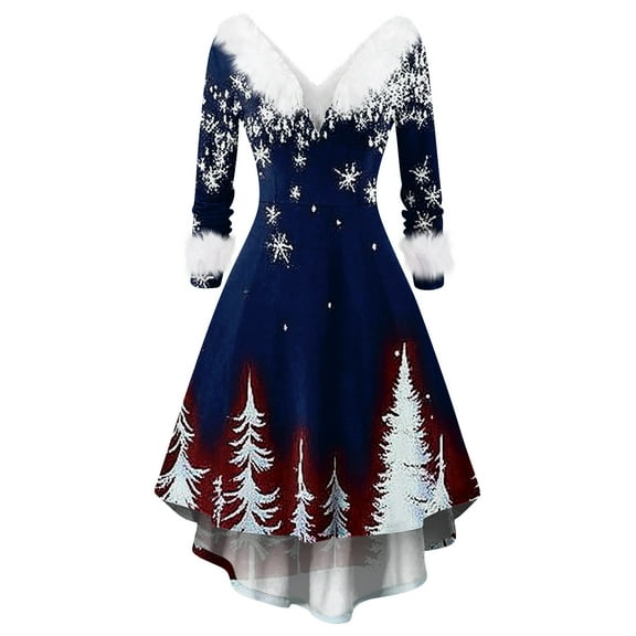 Women's Fashionable Casual Fitted Christmas Print Party Long-Sleeved V-Neck Hair Collar Dress for Holiday Parties and Events,Dark Blue,L