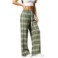 thumbnail image 2 of Women's Plaid Straight Leg High Waist Casual Pants, Polyester Pocket Loose Long Trousers, Fashion Summer Bottoms for Daily Shopping Home | TruHer,Green Free Size, 2 of 7