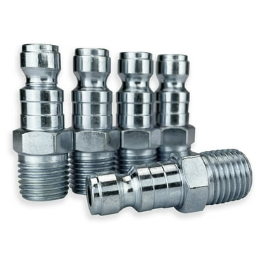 Compressor Adapter Tru-Flate Style Quick Coupler Air Fittings - 1/4 NPT, T- Style, Pack Of 5, Heavy-Duty Steel Tru Flate Hose Fittings