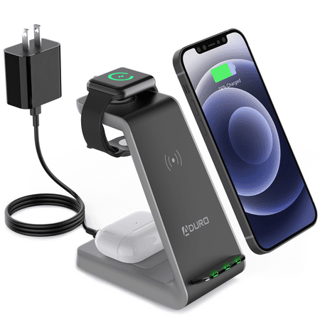 Aduro PowerUp Trinity Pro 3 in 1 Wireless Charging Station for Apple Products Qi Fast Charging Dock for iWatch, Airpods, iPhone Black